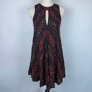 VOLCOM Y2K Black Floral Print Keyhole Tie Back Mini Dress Boho Pockets‎ Size Med